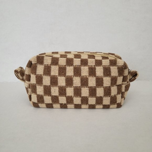 Checkered Print Cosmetic Make‎ Up Beauty Bag in Brown and Beige